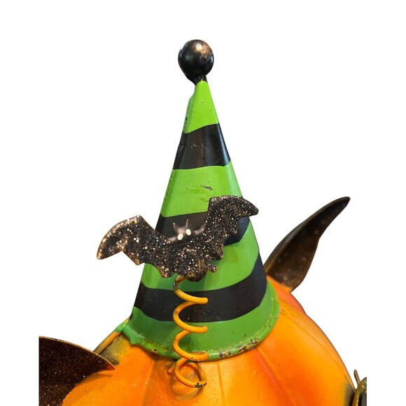 Halloween Pumpkin Cat Face Metal Decoration Witch Hat & Glitter Accents - Picture 3 of 4